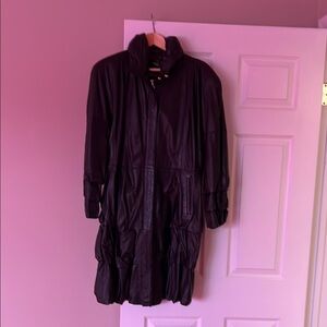 Brown Leather Jacket with Quilted Design and High Collar